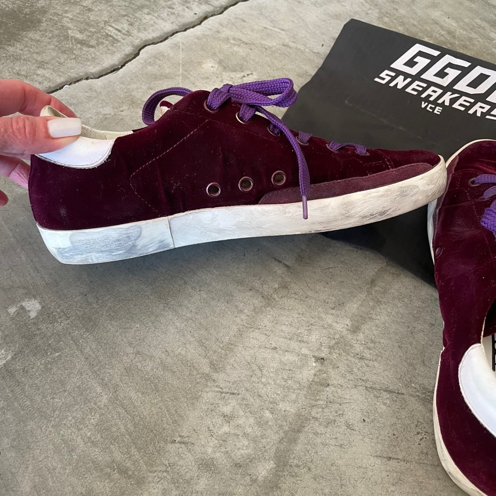 Golden Goose burgundy velvet Super Star sneakers. - Picture 4 of 9